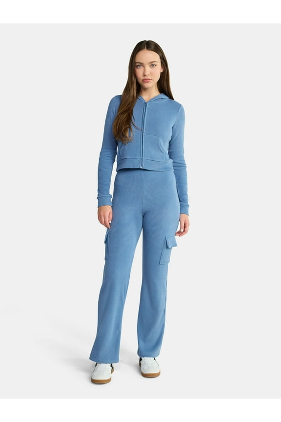 Brushed Ribbed Zip-Up Hoodie and Flare Pants Set, 2-Piece, Women's