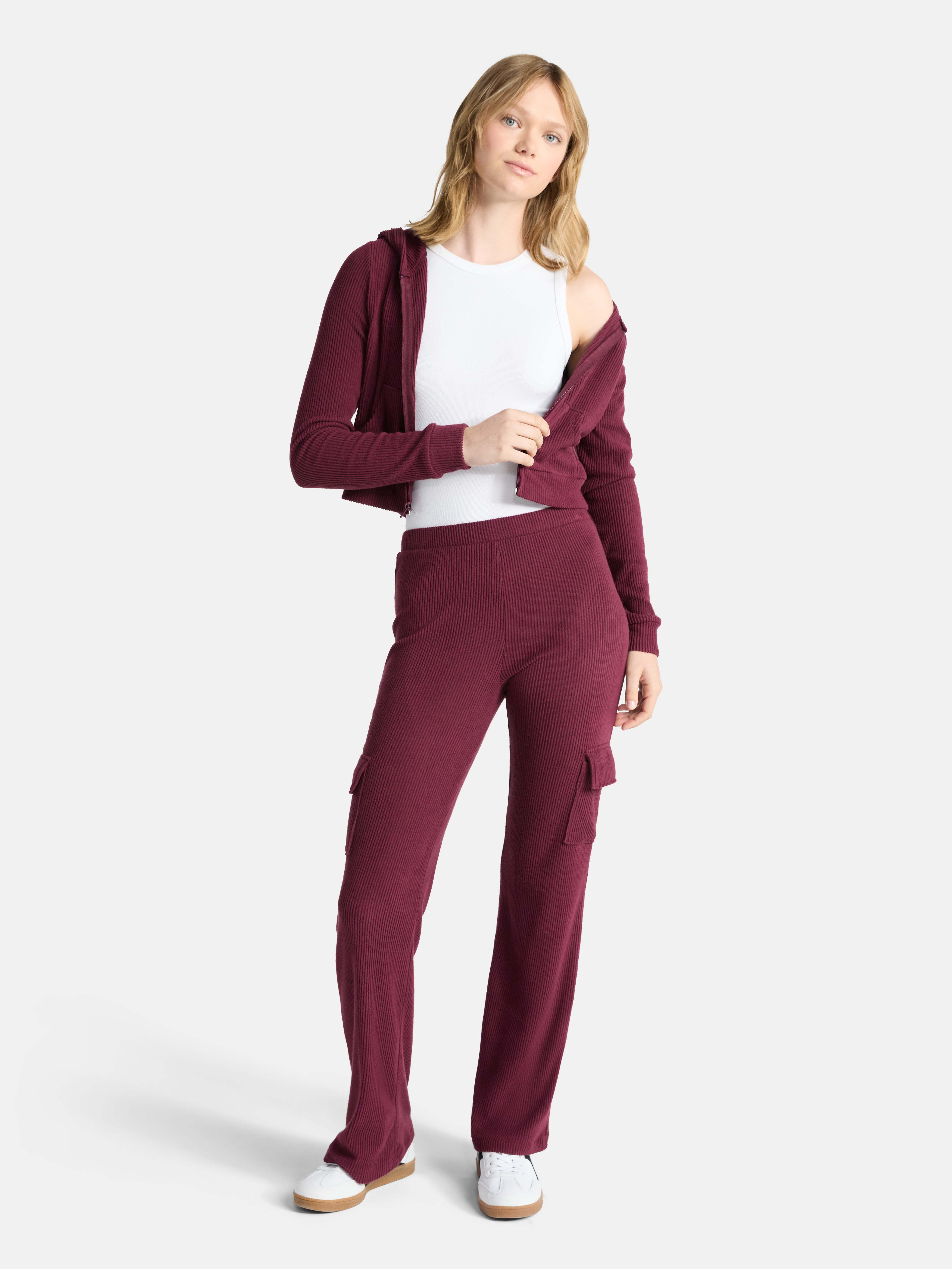 No Boundaries Brushed Ribbed Zip-Up Hoodie and Flare Pants Set, 2-Piece, Women's