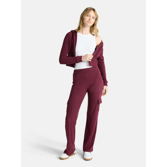 No Boundaries Brushed Ribbed Zip-Up Hoodie and Flare Pants Set, 2-Piece, Women's