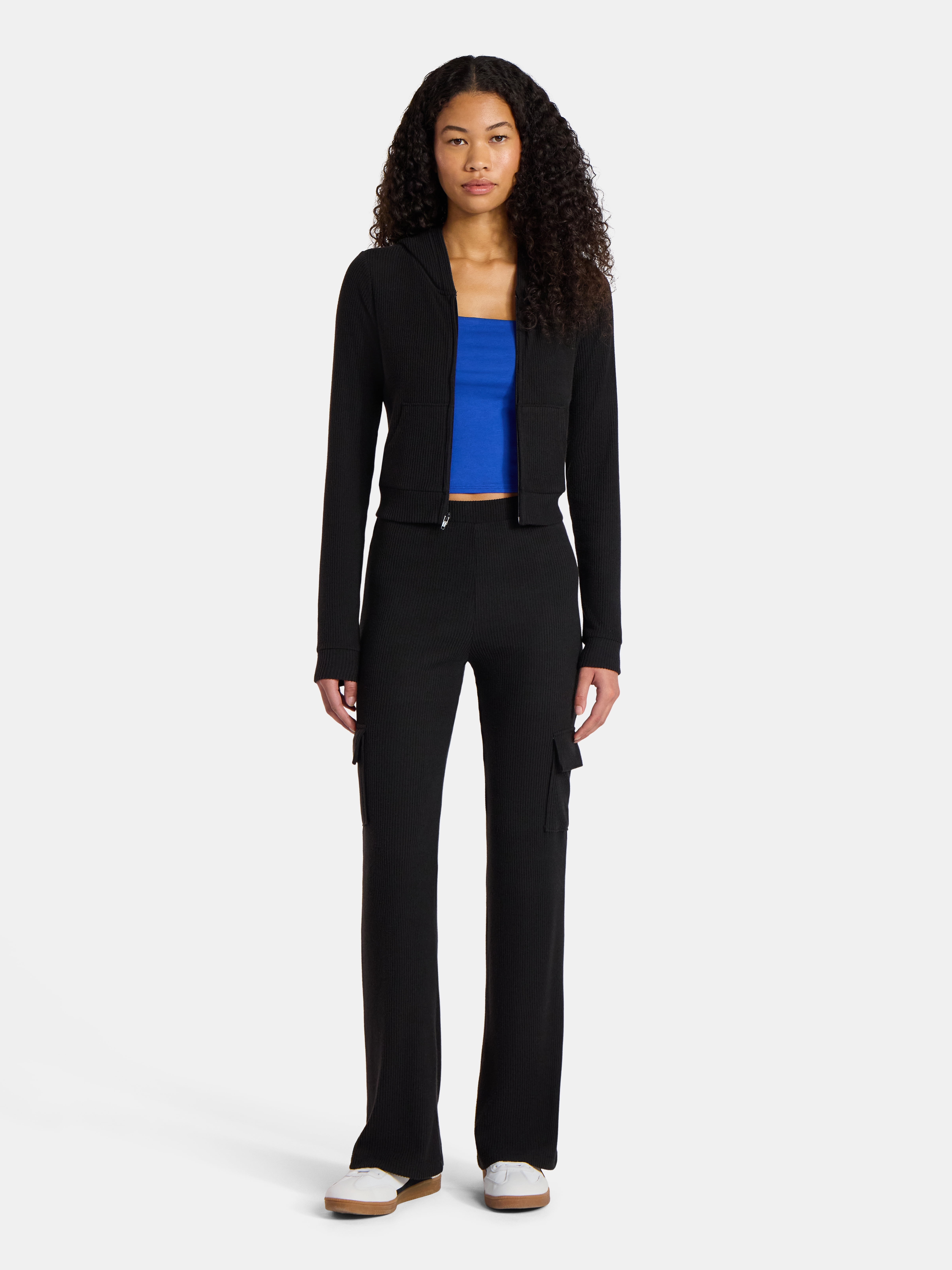 No Boundaries Brushed Ribbed Zip-Up Hoodie and Flare Pants Set, 2-Piece, Women's