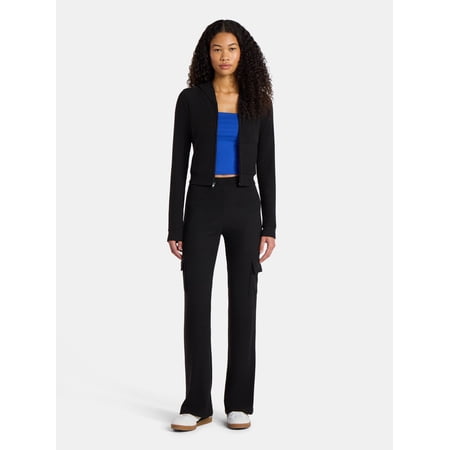 No Boundaries Brushed Ribbed Zip-Up Hoodie and Flare Pants Set, 2-Piece, Women's