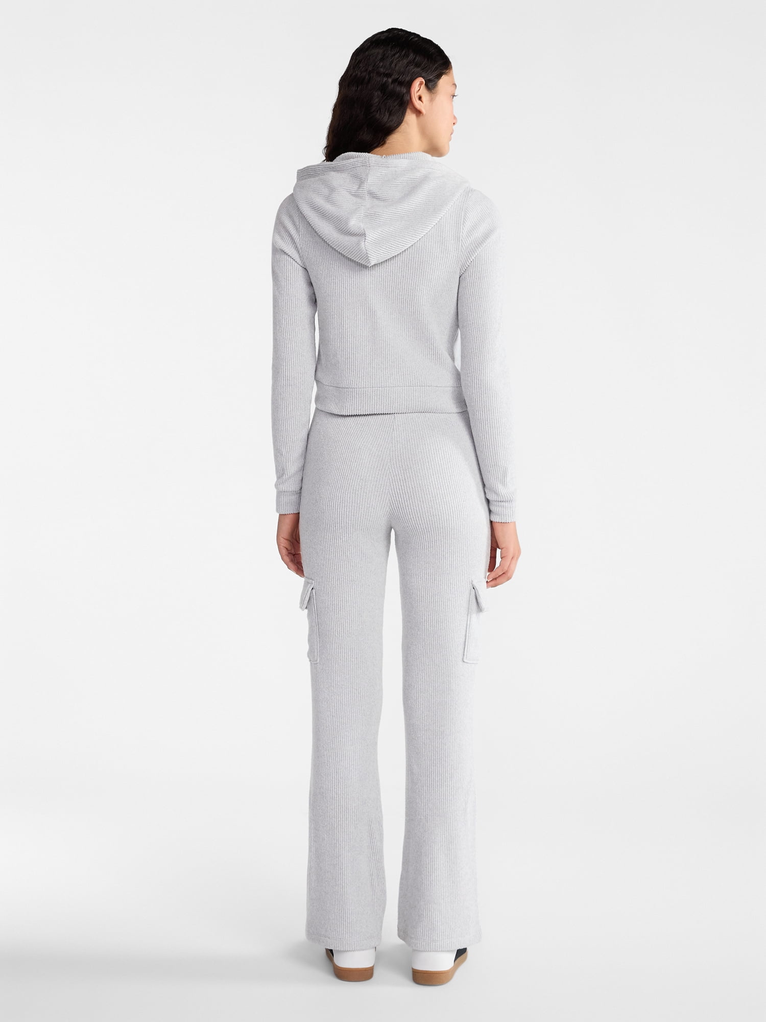 No Boundaries Brushed Ribbed Zip-Up Hoodie and Flare Pants Set, 2-Piece, Women's