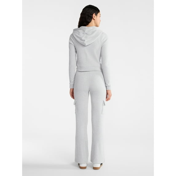 No Boundaries Brushed Ribbed Zip-Up Hoodie and Flare Pants Set, 2-Piece, Women's