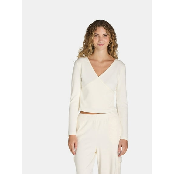 No Boundaries Brushed Waffle Knit Wrap Top, Sizes XS to XXL (Women's)