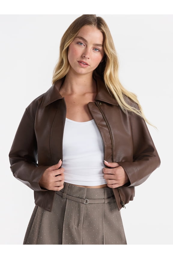 Bubble Hem Faux Leather Bomber Jacket, Women's