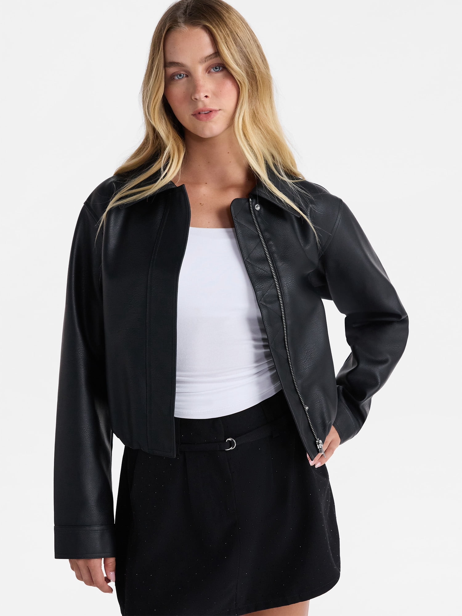 No Boundaries Bubble Hem Faux Leather Bomber Jacket, Women's