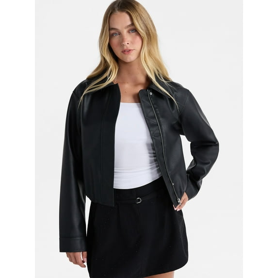 No Boundaries Bubble Hem Faux Leather Bomber Jacket, Women's