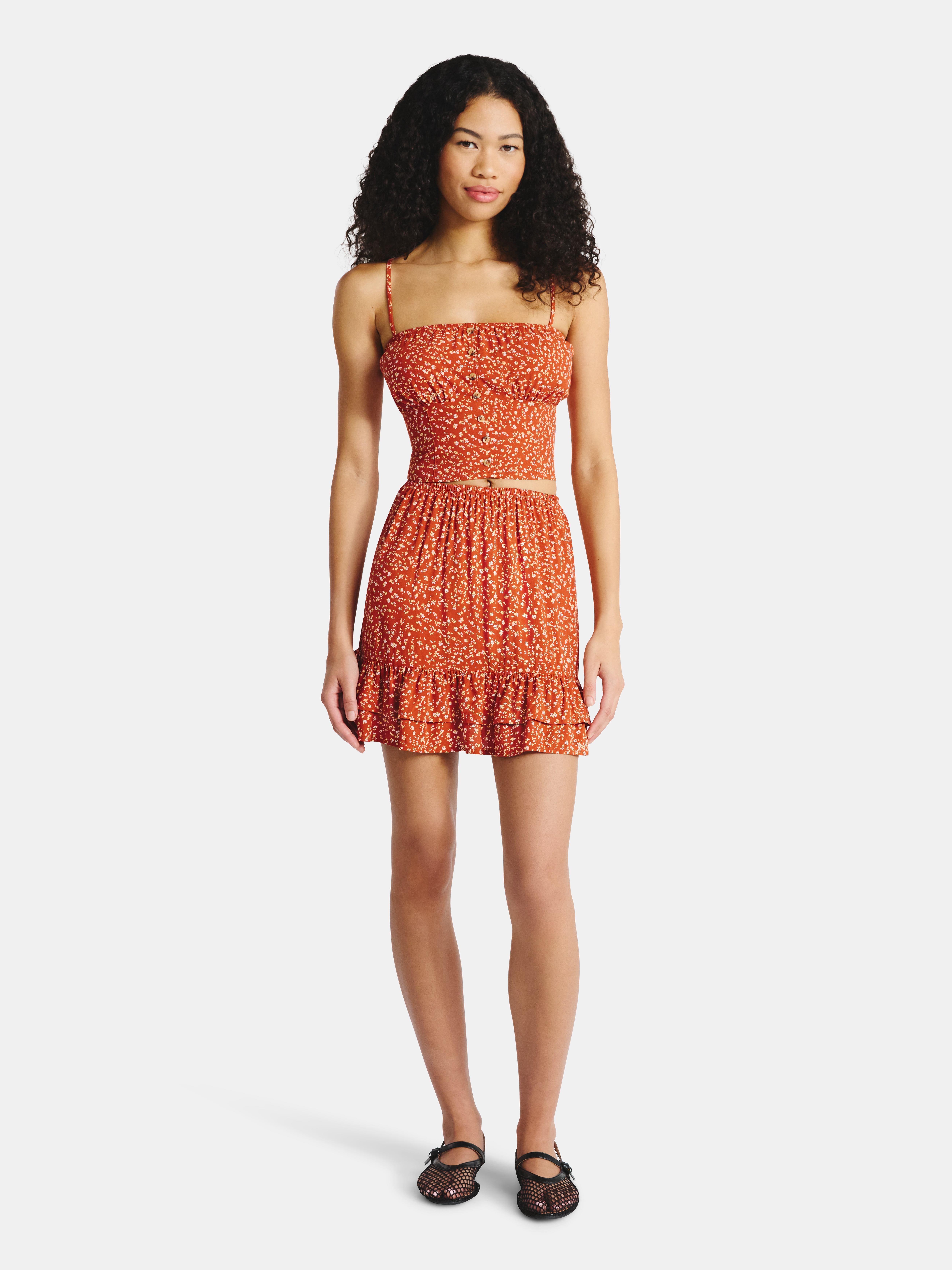 No Boundaries Button Cami and Ruffle Mini Skirt Set, 2-Piece, Women's Sizes XXS-XXL