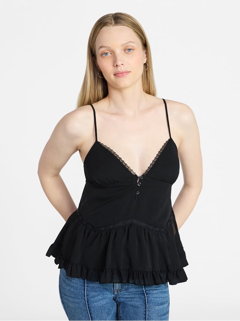 トップス borders at balcony / TWILL CAMI TOP No Boundaries Button Front Ruffle Lace Trim Cami Top, Women's XXS
