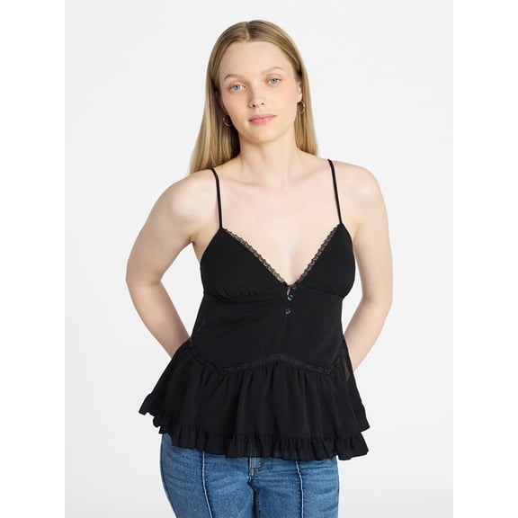 No Boundaries Button Front Ruffle Lace Trim Cami Top, Women's XXS-XXL