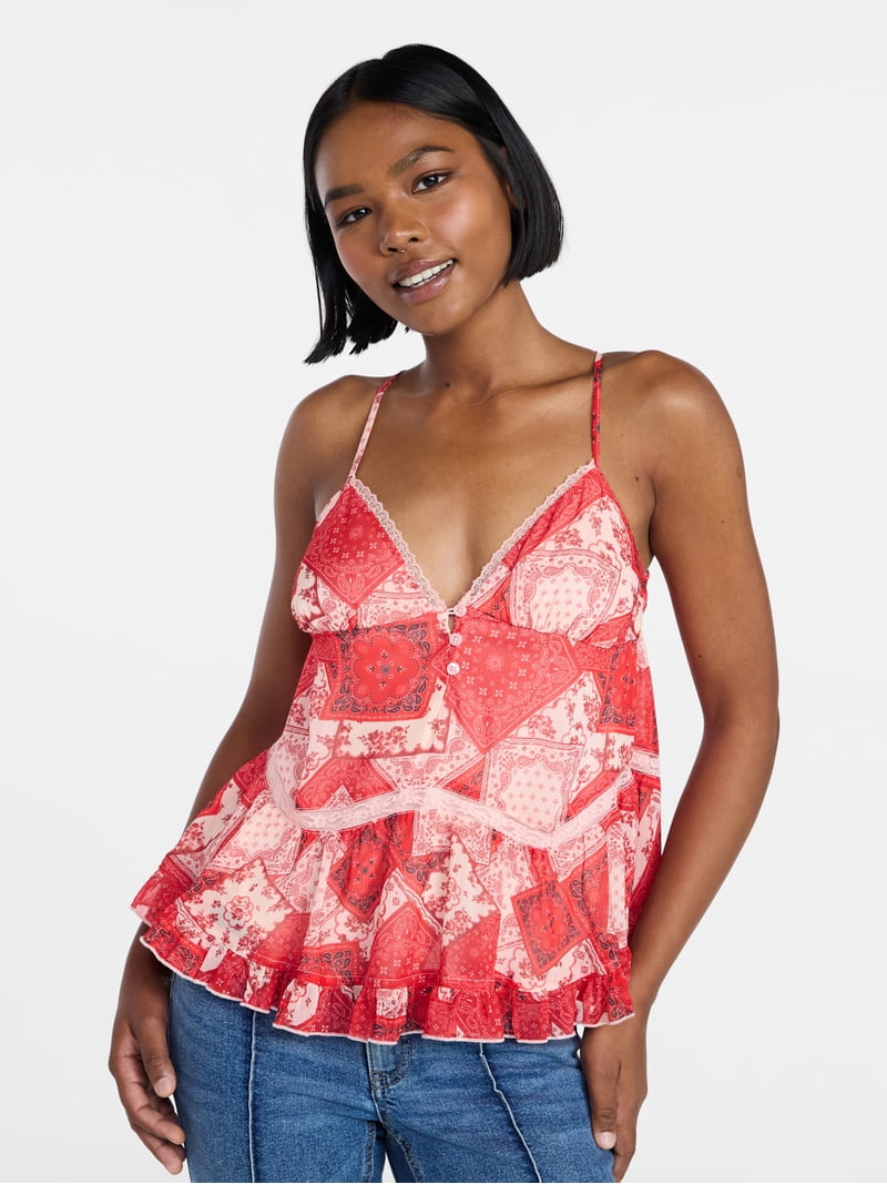No Boundaries Button Front Ruffle Lace Trim Cami Top, Women's XXS