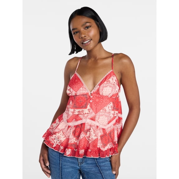 No Boundaries Button Front Ruffle Lace Trim Cami Top, Women's XXS-XXL