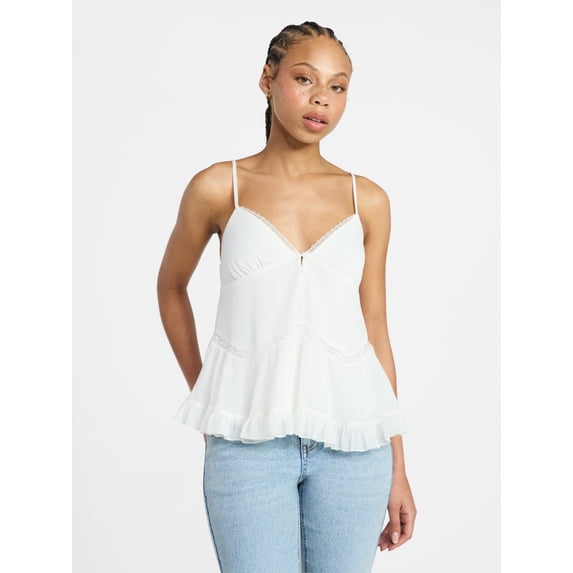 No Boundaries Button Front Ruffle Lace Trim Cami Top, Women's XXS-XXL