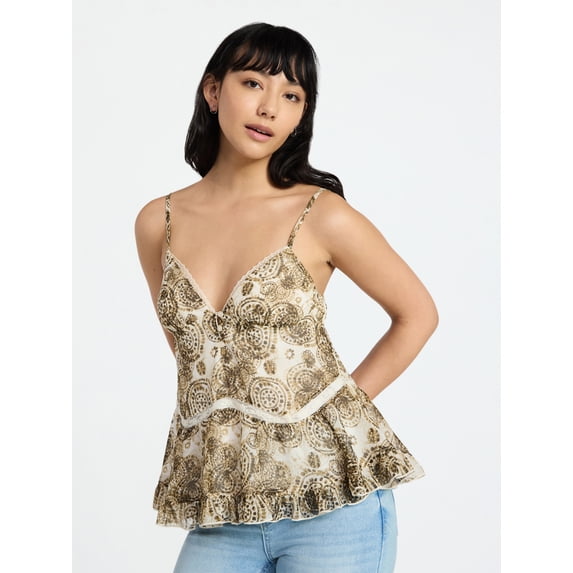 No Boundaries Button Front Ruffle Lace Trim Cami Top, Women's XXS-XXL