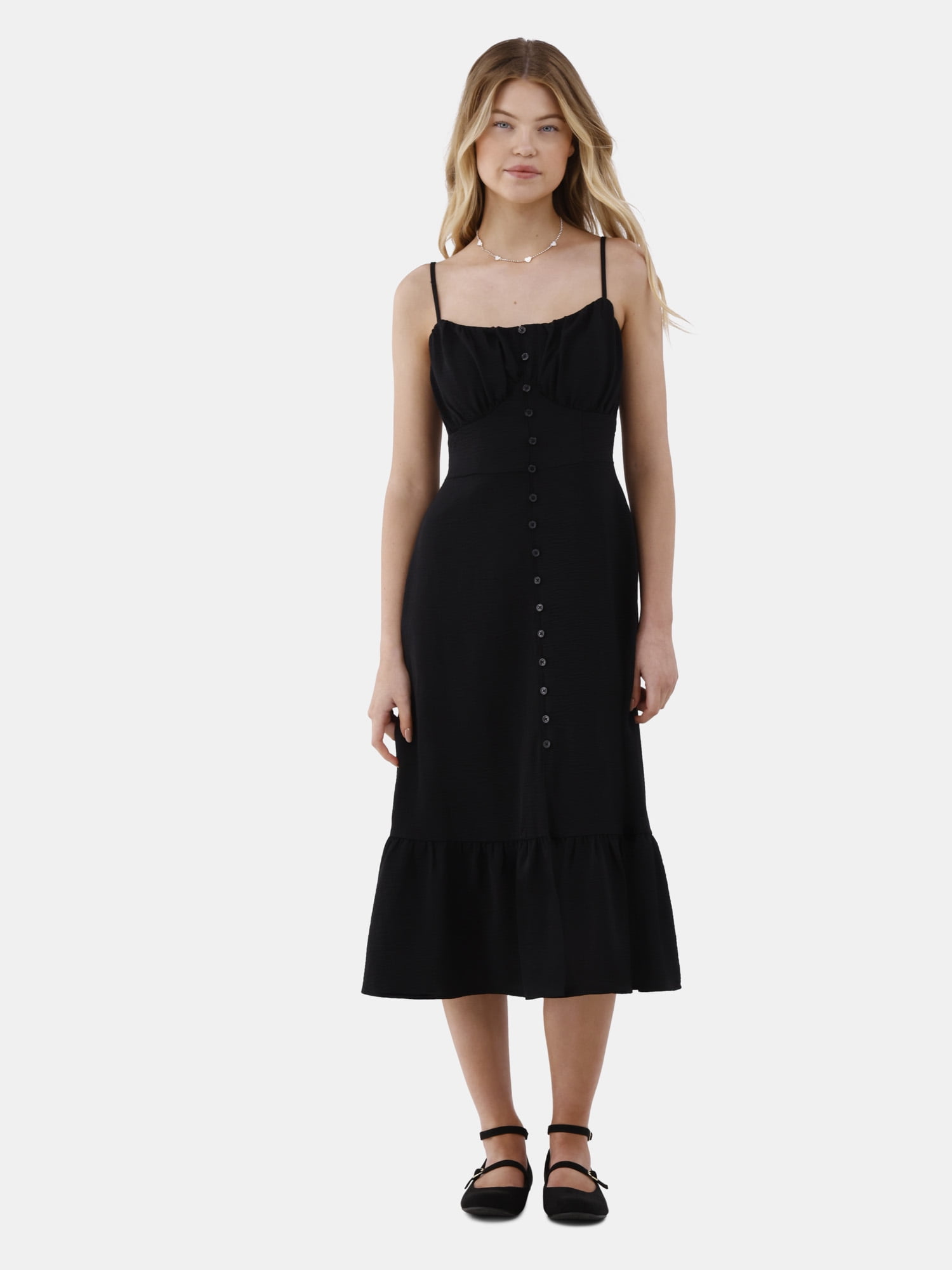 No Boundaries Button Front Flounce Midi Dress, Women's - Walmart.com No Boundaries Button Front Flounce Midi Dress, Women's - Walmart.com