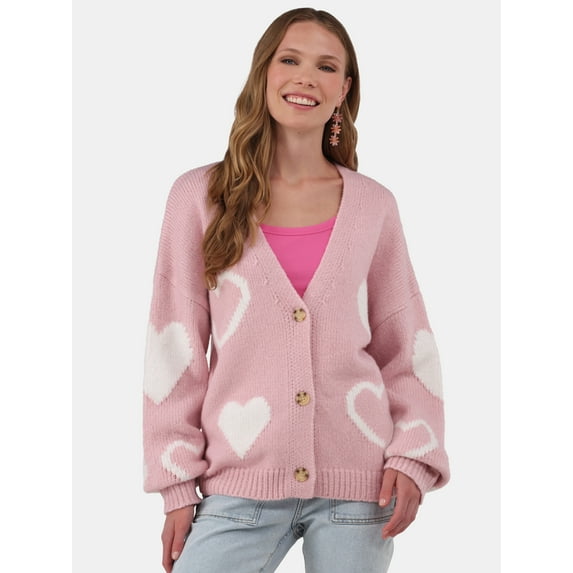 No Boundaries Button-Front Heart-Print Cardigan, Midweight, Women's and Women’s Plus Sizes XXS - 2XL