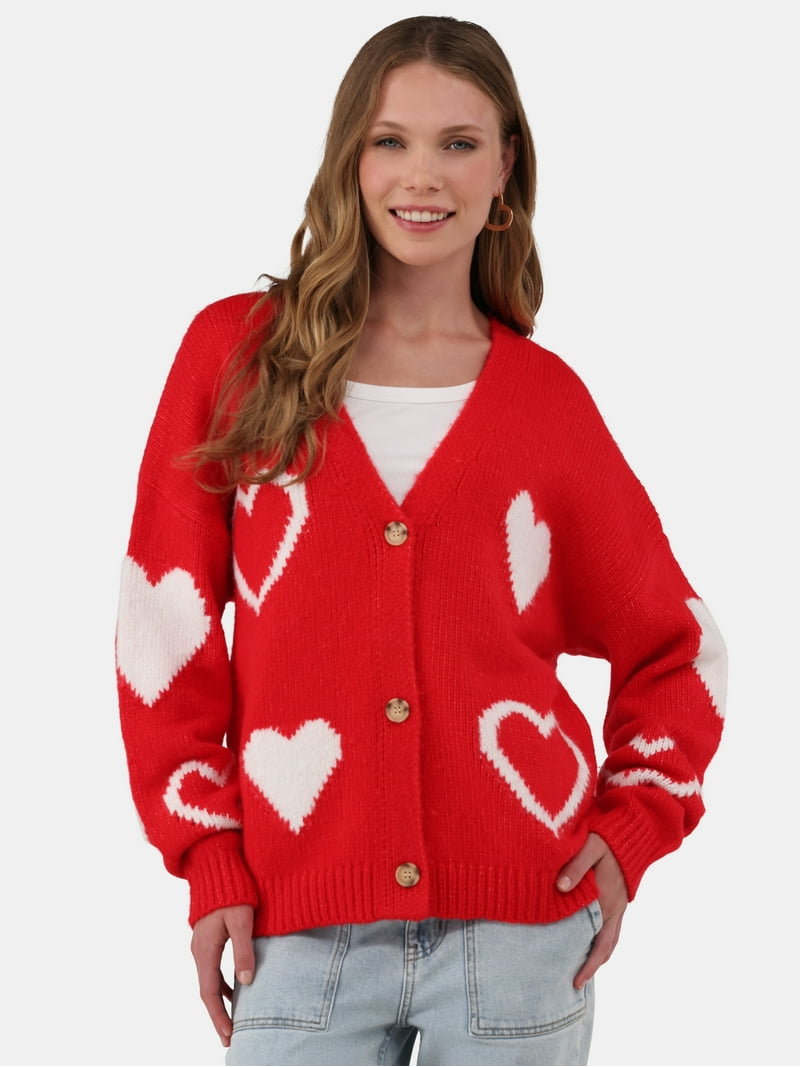 No Boundaries Button-Front Heart-Print Cardigan, Midweight