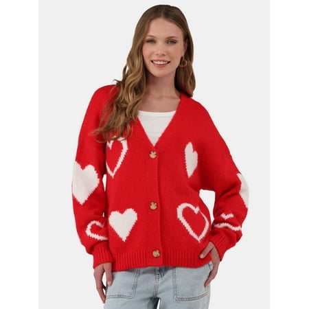 No Boundaries Button-Front Heart-Print Cardigan, Midweight