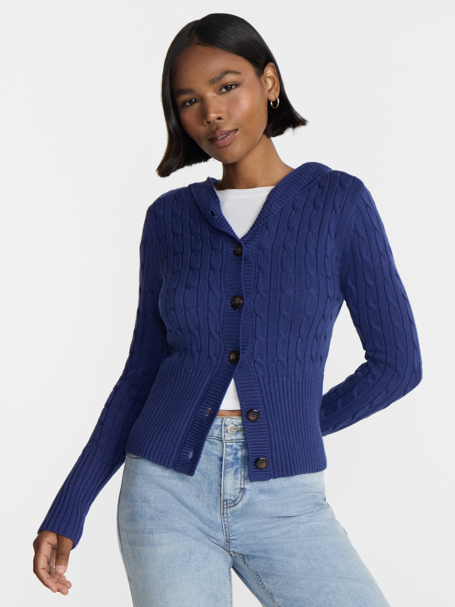 No Boundaries Button Front Hoodie Cardigan, Women's XXS-XXL