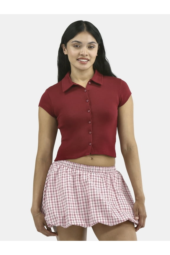 Button Front Cropped Polo Shirt, Women's