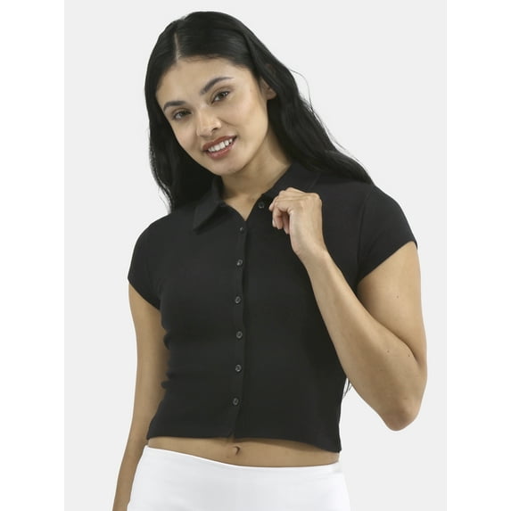 No Boundaries Button Front Cropped Polo Shirt, Women's