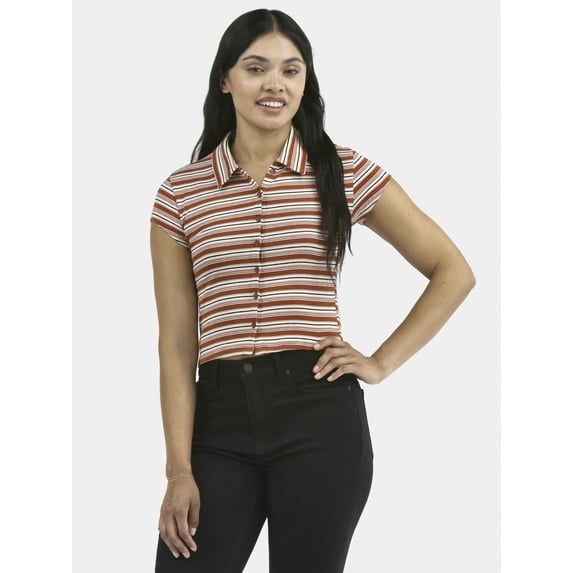 No Boundaries Button Front Cropped Striped Polo Shirt, Women's
