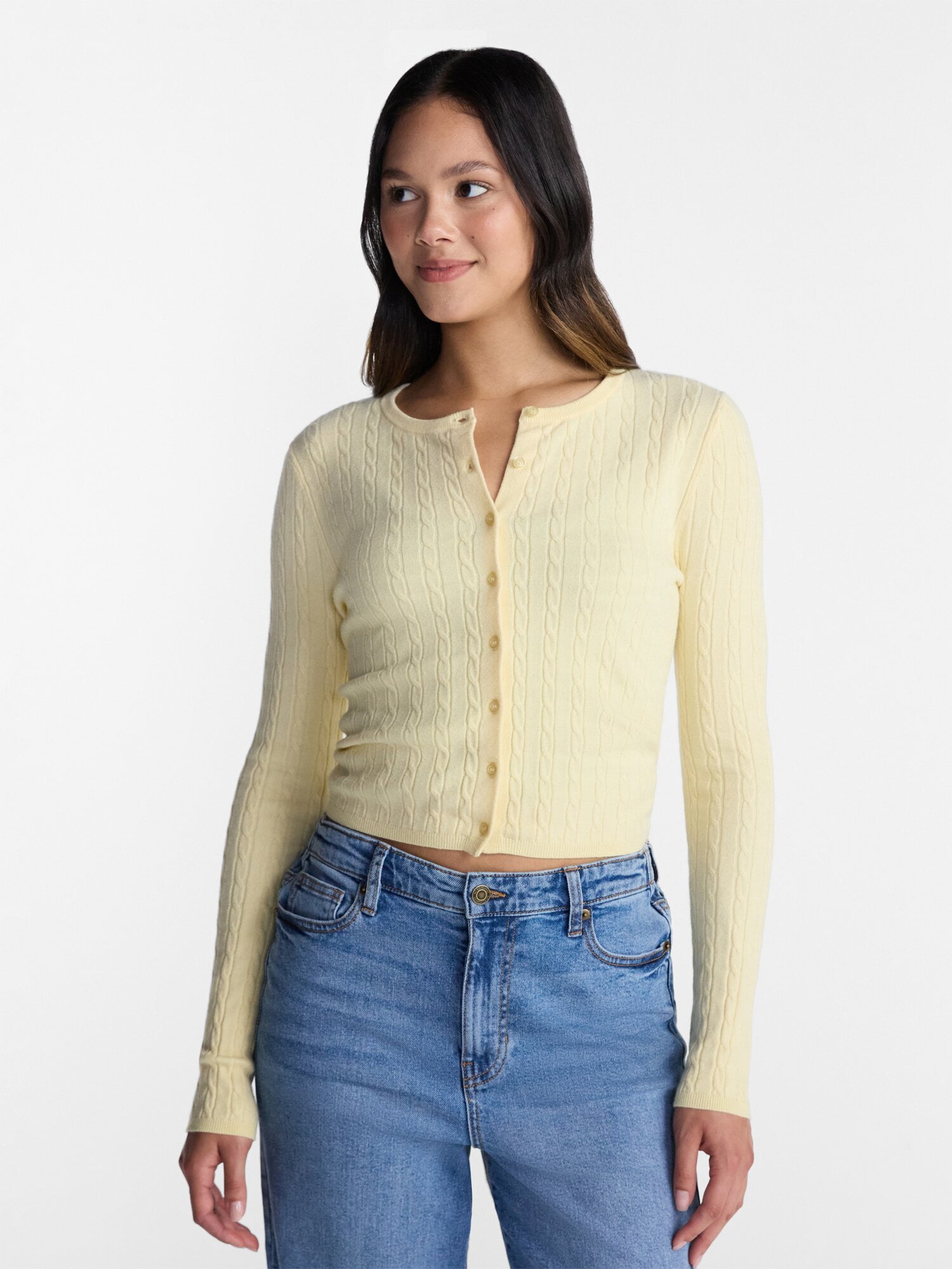 No Boundaries Cable Knit Crewneck Cardigan, Women's XXS-4X