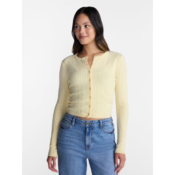 No Boundaries Cable Knit Crewneck Cardigan, Women's XXS-4X