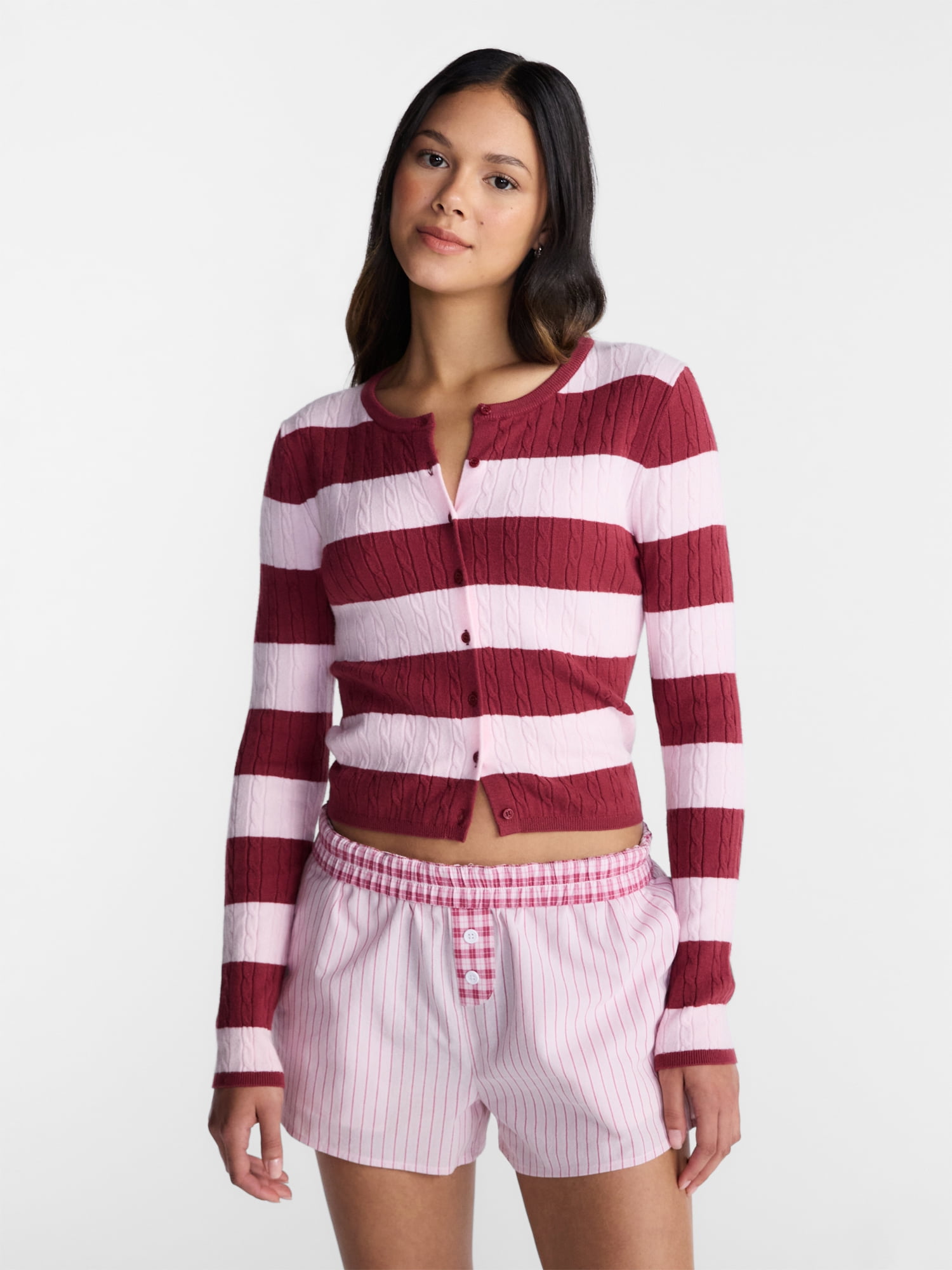 No Boundaries Cable Knit Crewneck Cardigan, Women's XXS-4X