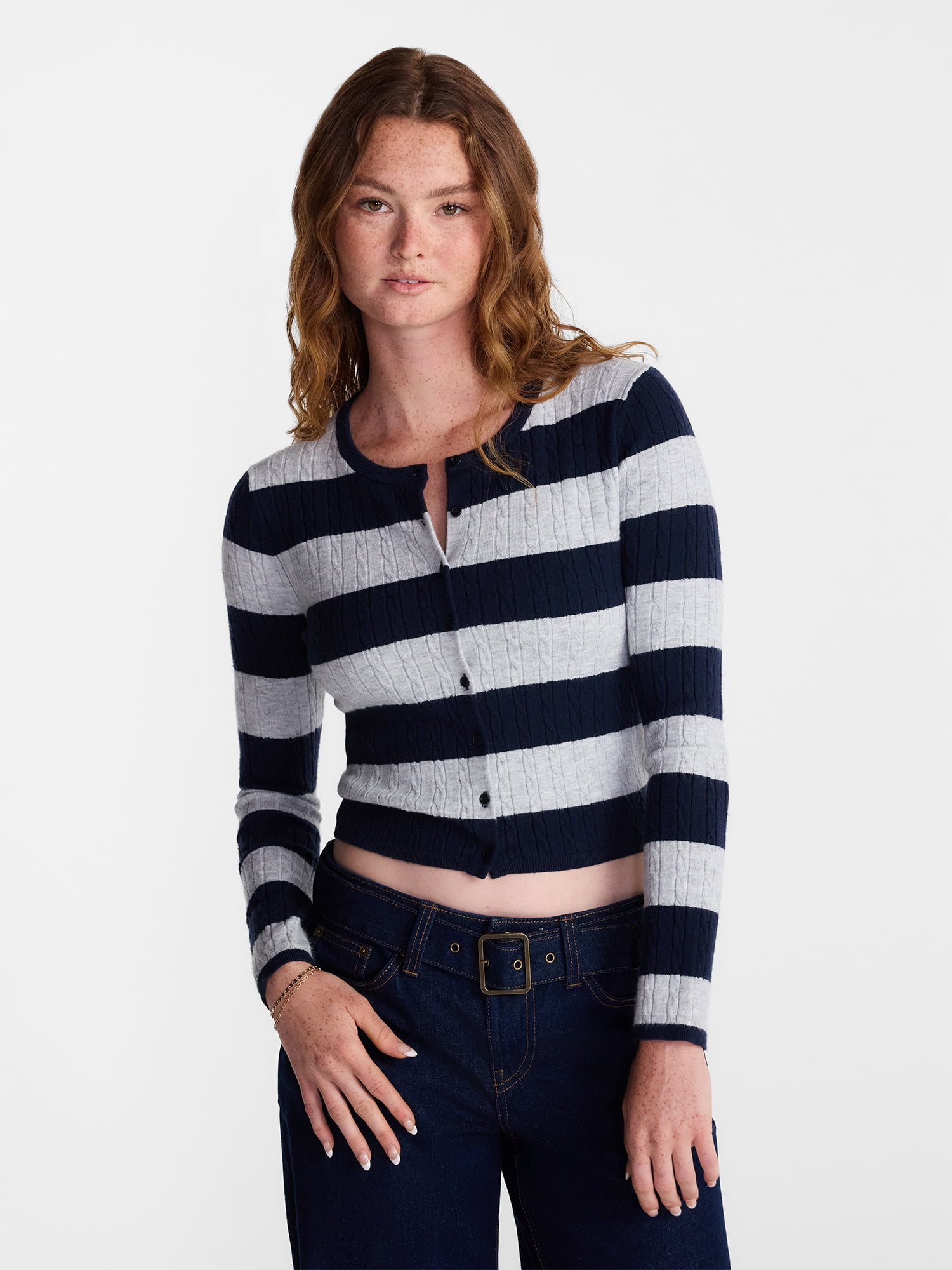 No Boundaries Cable Knit Crewneck Cardigan, Women's XXS-4X