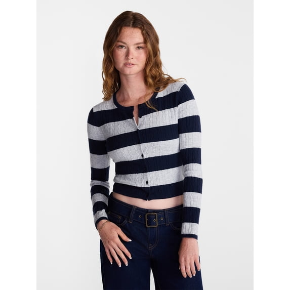No Boundaries Cable Knit Crewneck Cardigan, Women's XXS-4X