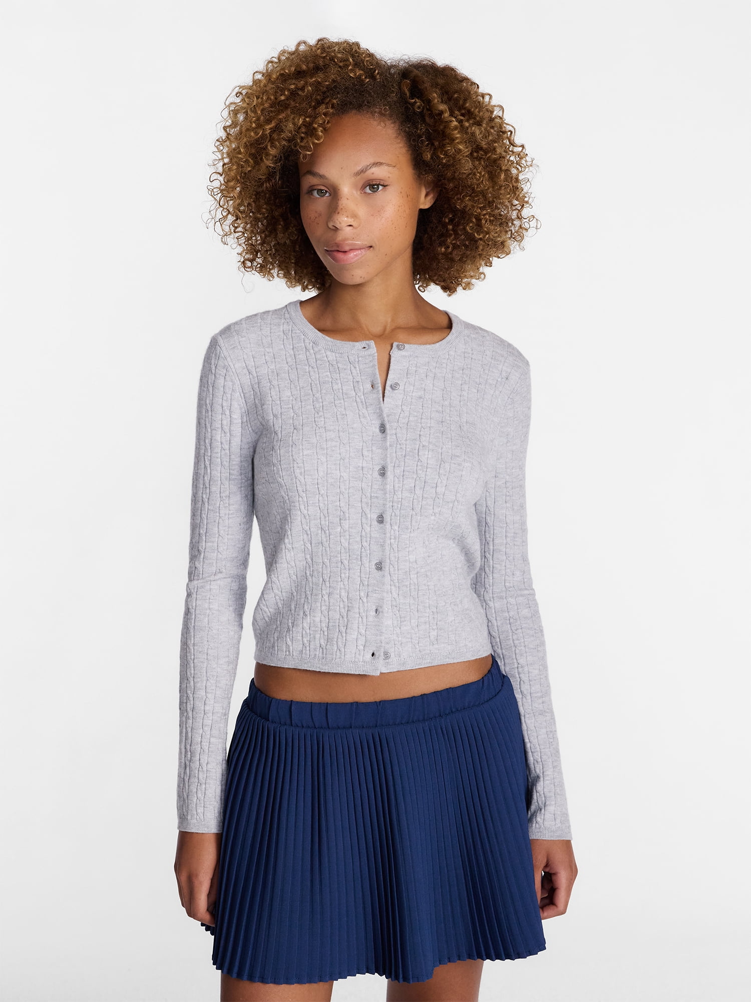 No Boundaries Cable Knit Crewneck Cardigan, Women's XXS-4X