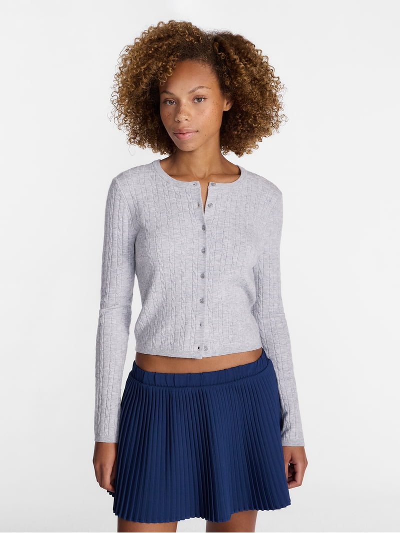 No Boundaries Cable Knit Crewneck Cardigan, Women's XXS-4X
