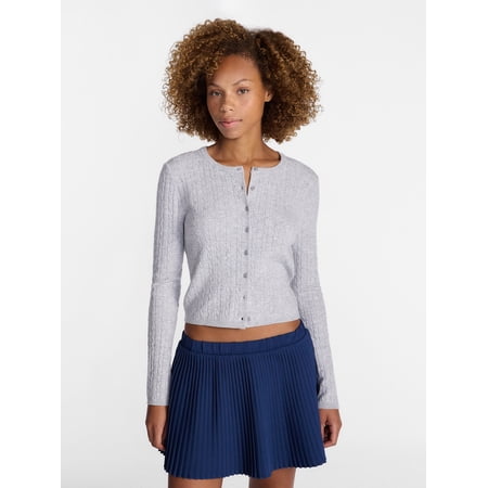 No Boundaries Cable Knit Crewneck Cardigan, Women's XXS-4X
