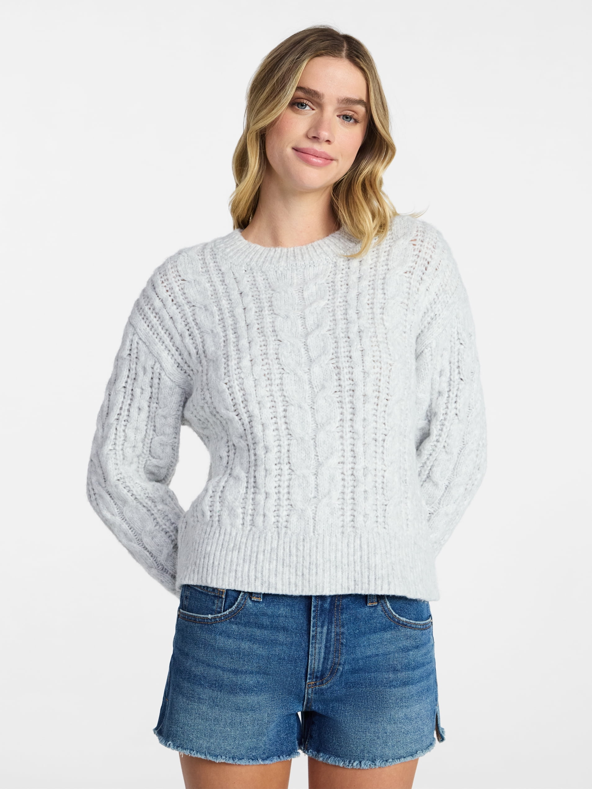 No Boundaries Cable Crewneck Drop Shoulder Sweater, Midweight, Women's XXS-XXL