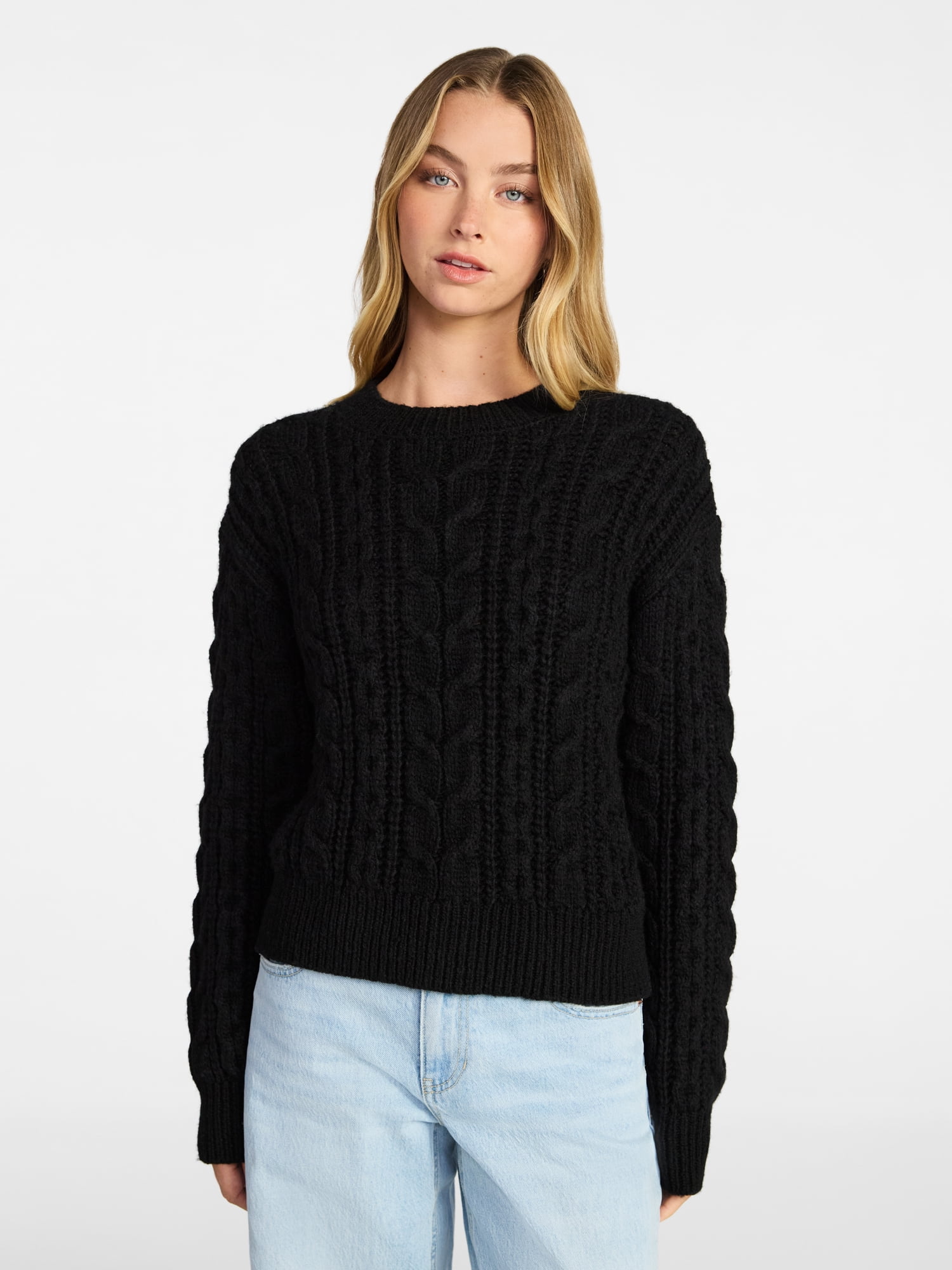 No Boundaries Cable Crewneck Drop Shoulder Sweater, Midweight, Women's XXS-XXL