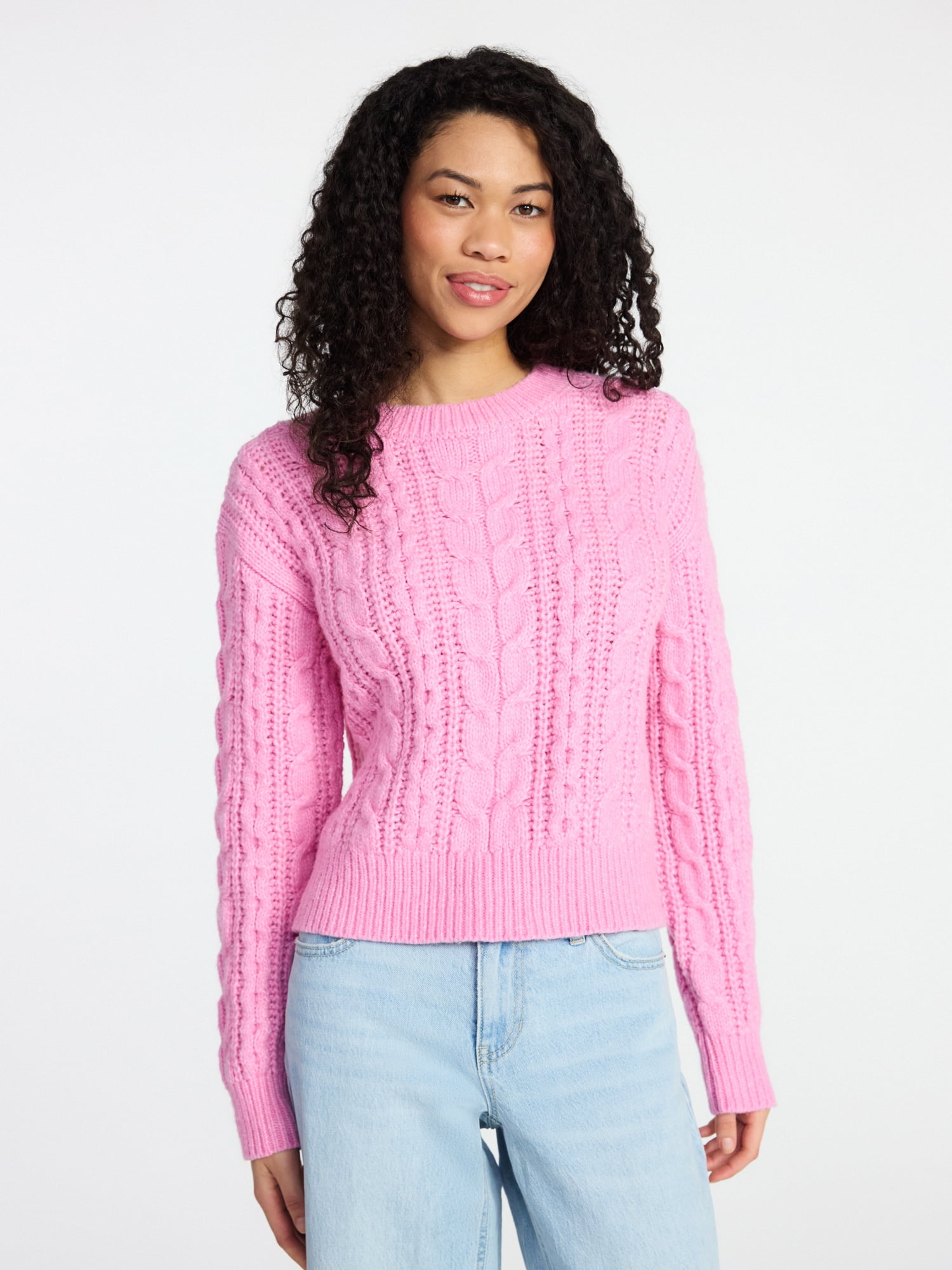 No Boundaries Cable Crewneck Drop Shoulder Sweater, Midweight, Women's XXS-XXL