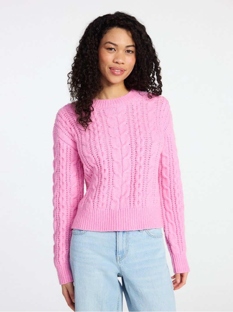 No Boundaries Cable Crewneck Drop Shoulder Sweater, Midweight
