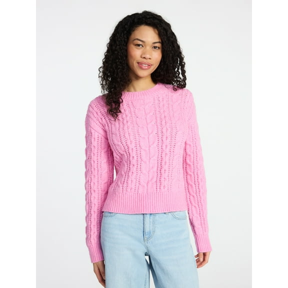 No Boundaries Cable Crewneck Drop Shoulder Sweater, Midweight, Women's XXS-XXL