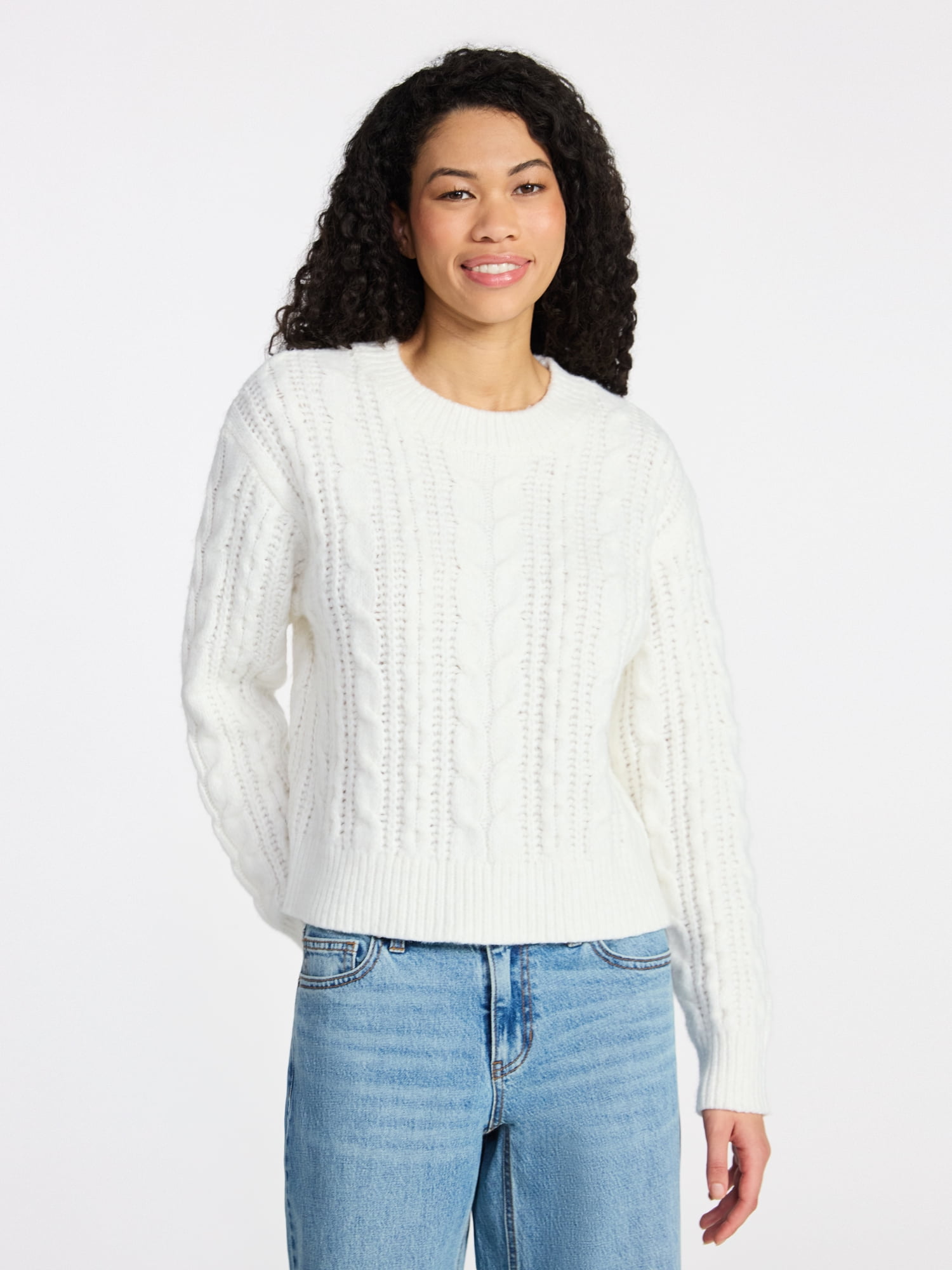 No Boundaries Cable Crewneck Drop Shoulder Sweater, Midweight, Women's XXS-XXL