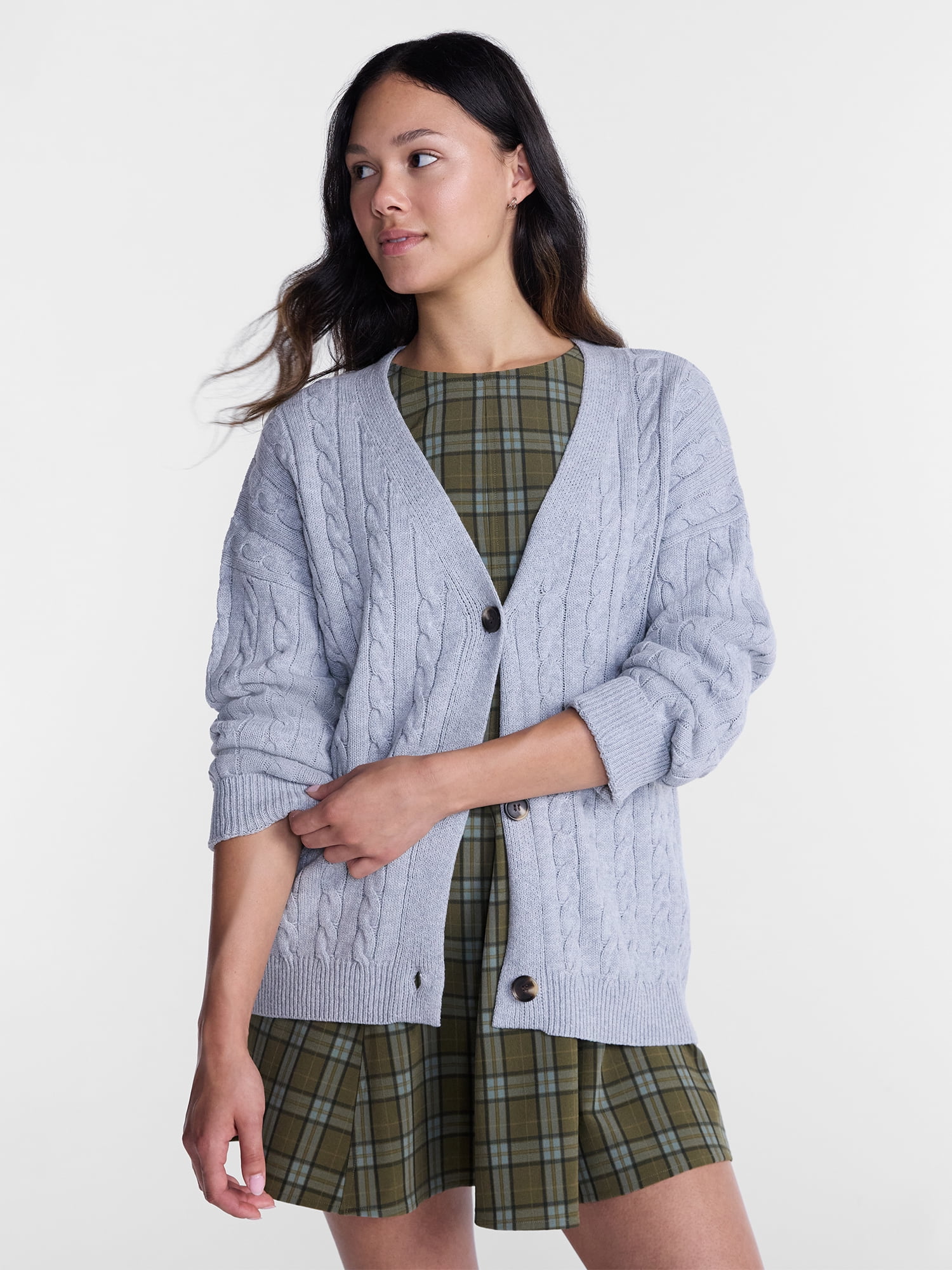 No Boundaries Cable Knit Grandpa Cardigan, Women's and Women's Plus XXS-4X