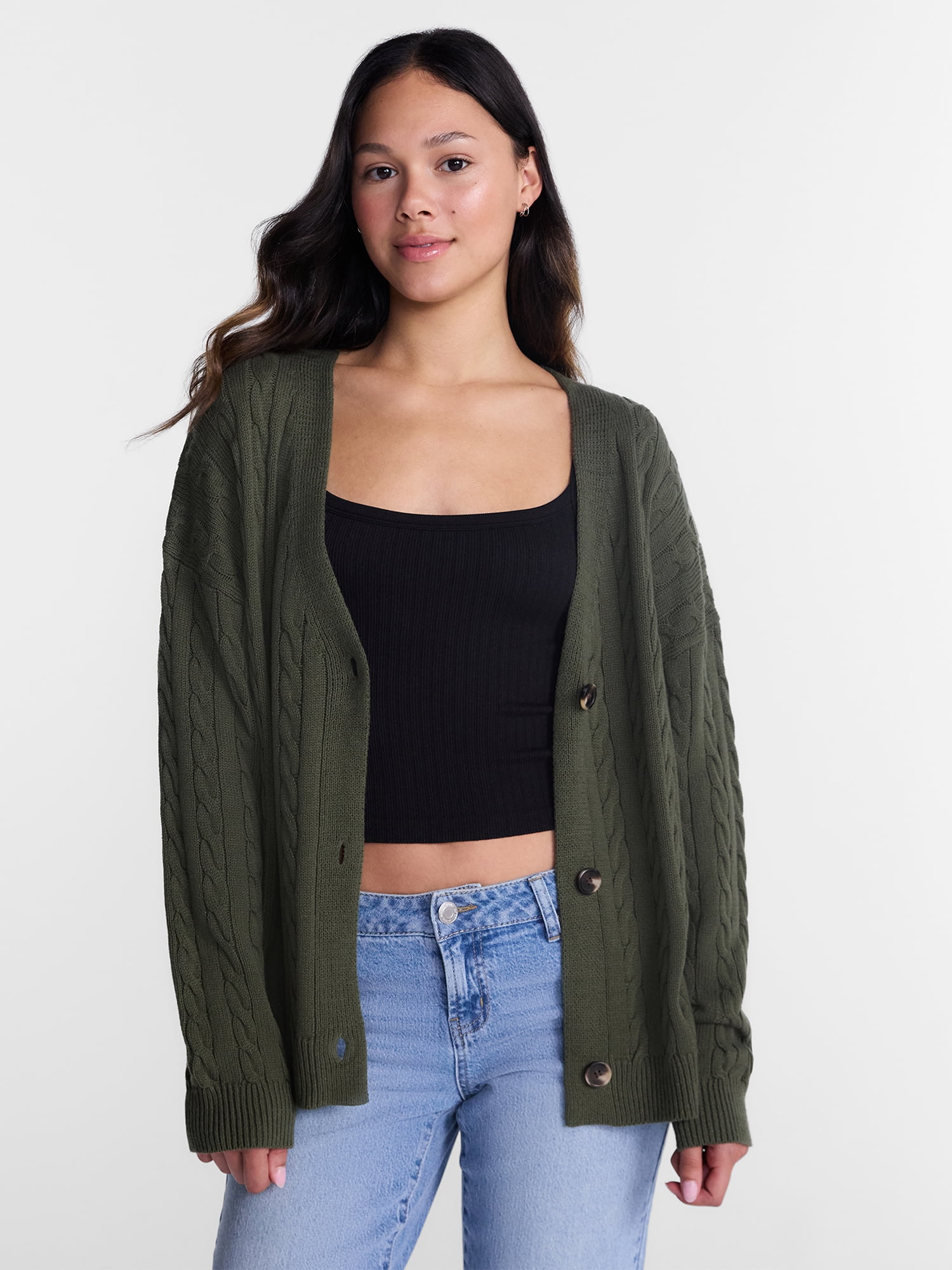 No Boundaries Cable Knit Grandpa Cardigan, Women's and Women's Plus XXS-4X