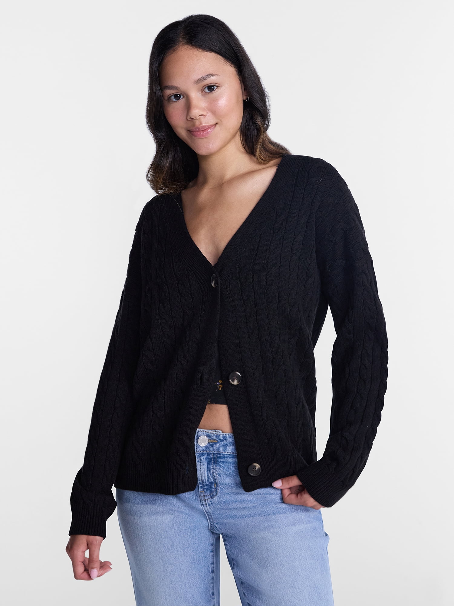 No Boundaries Cable Knit Grandpa Cardigan, Women's and Women's Plus XXS-4X