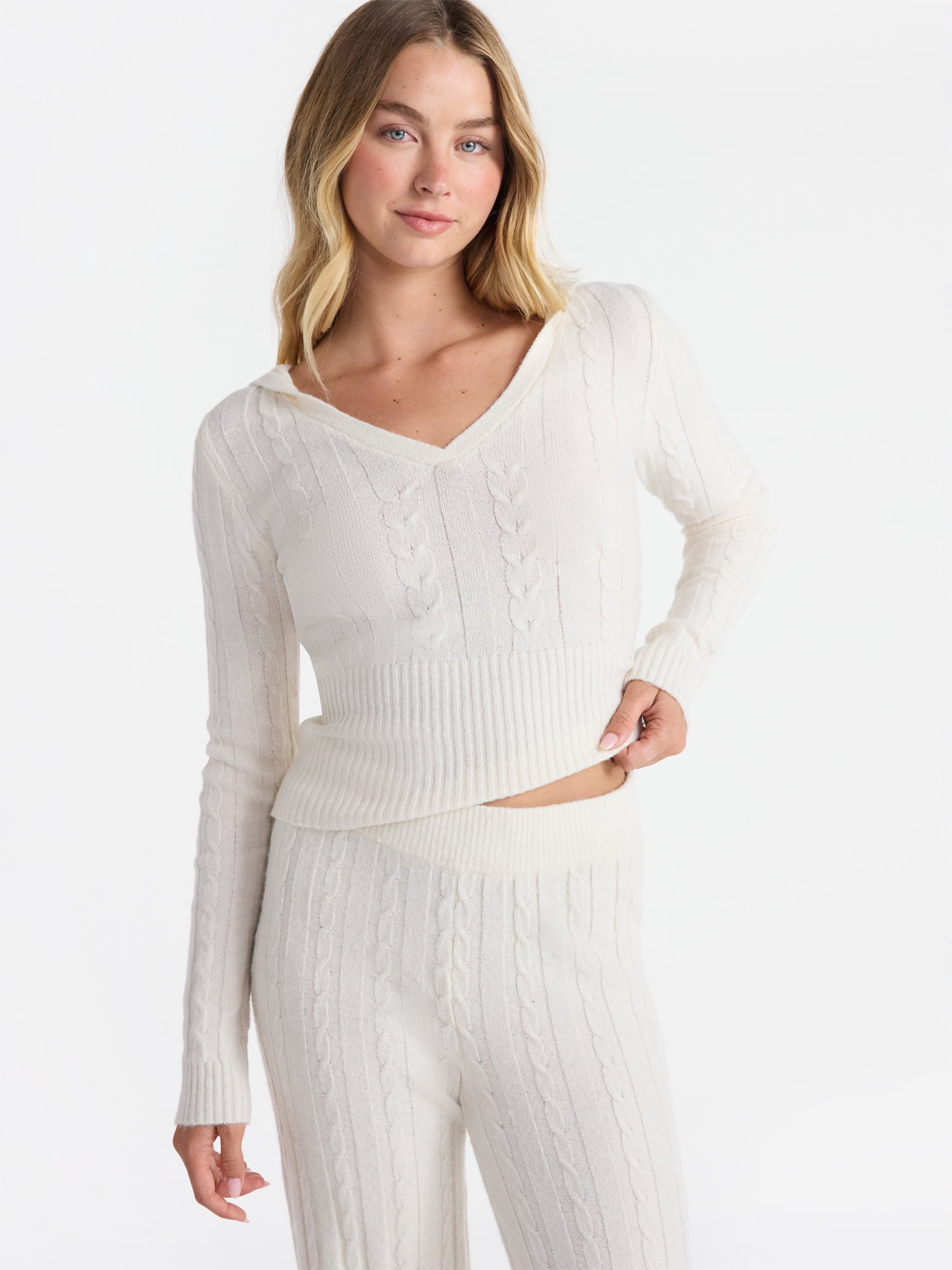 No Boundaries Cable Knit Sweater Hoodie, Lightweight, Women's