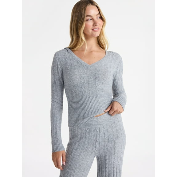 No Boundaries Cable Knit Sweater Hoodie, Lightweight, Women's