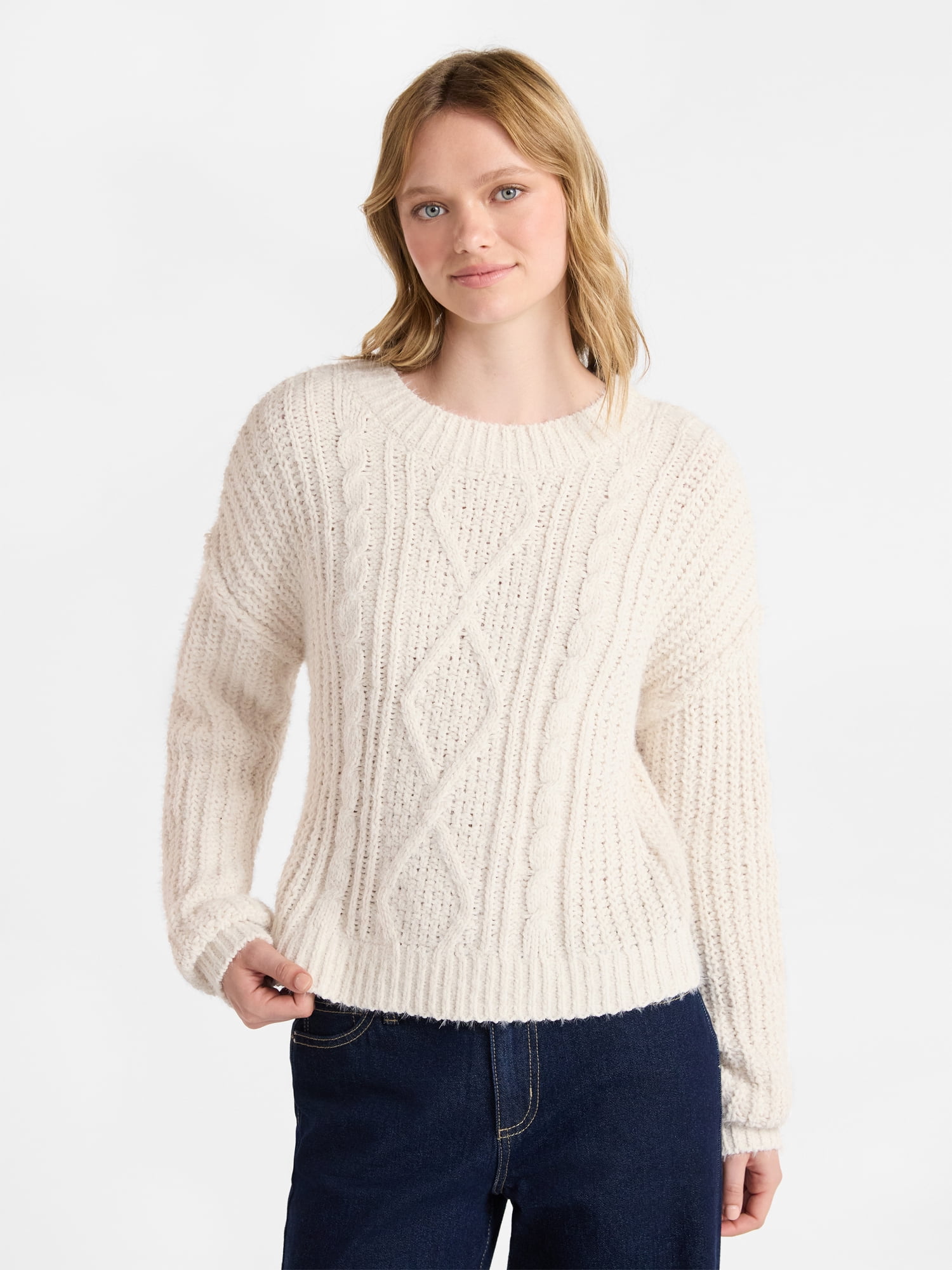 No Boundaries Cable Knit Sweater, Midweight, Women's