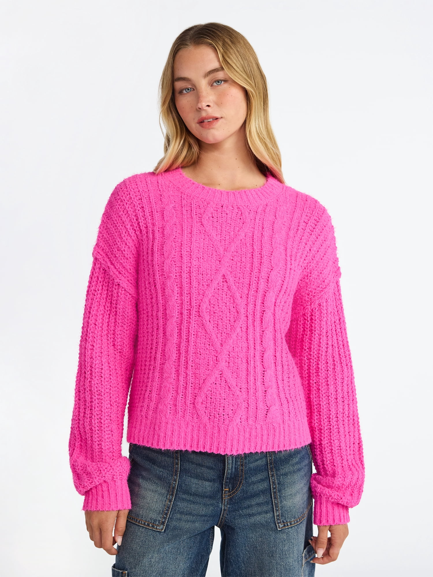 No Boundaries Cable Knit Sweater, Midweight, Women's