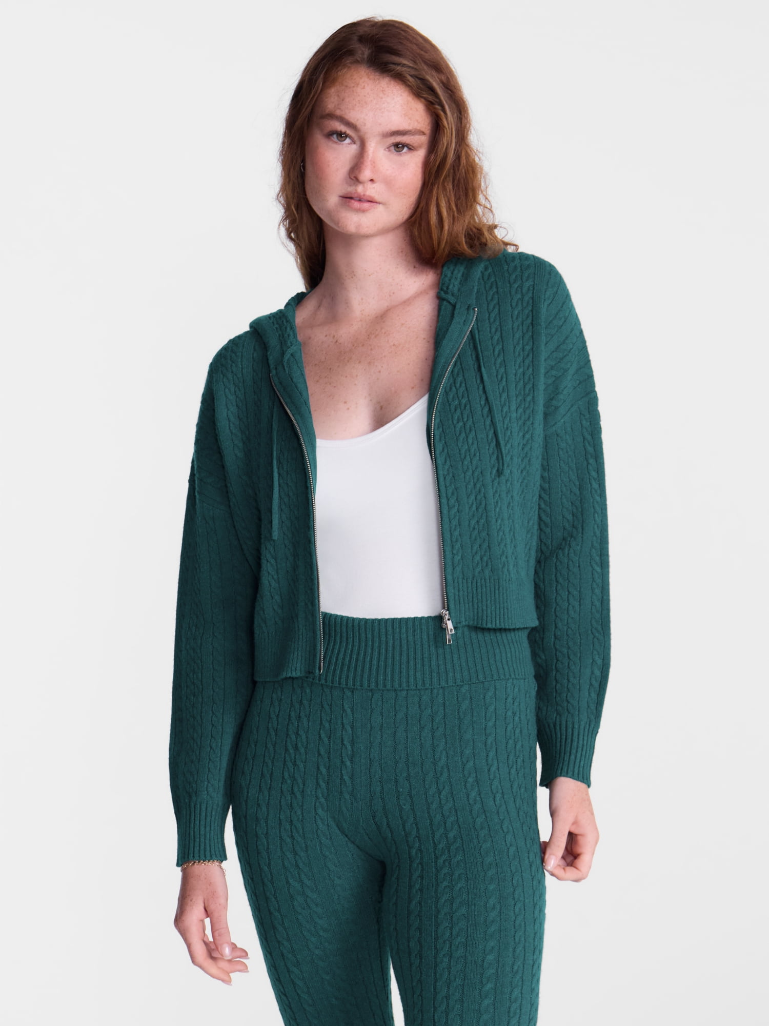 No Boundaries Cable Knit Zip Up Sweater with Hood, Women's XXS-XXL