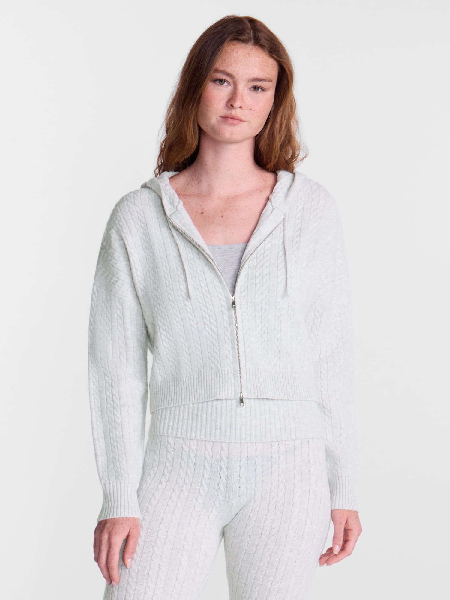 No Boundaries Cable Knit Zip Up Sweater with Hood, Women's XXS-XXL