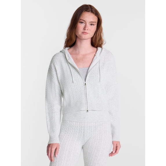 No Boundaries Cable Knit Zip Up Sweater with Hood, Women's XXS-XXL